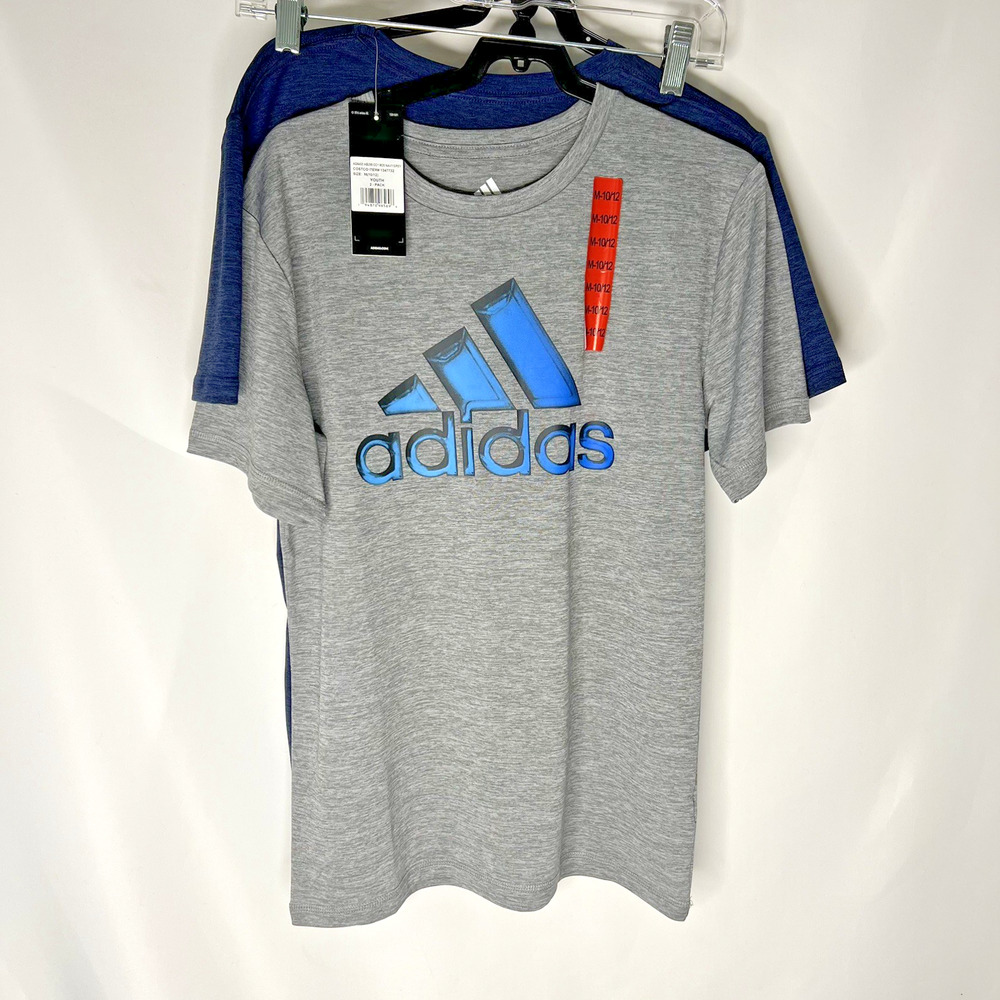 NWT - Adidas Boys Grey Navy 2 Pack Logo Tees, Size Medium 10/12